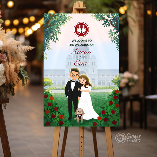 welcome sign, adorable wedding couple, commission